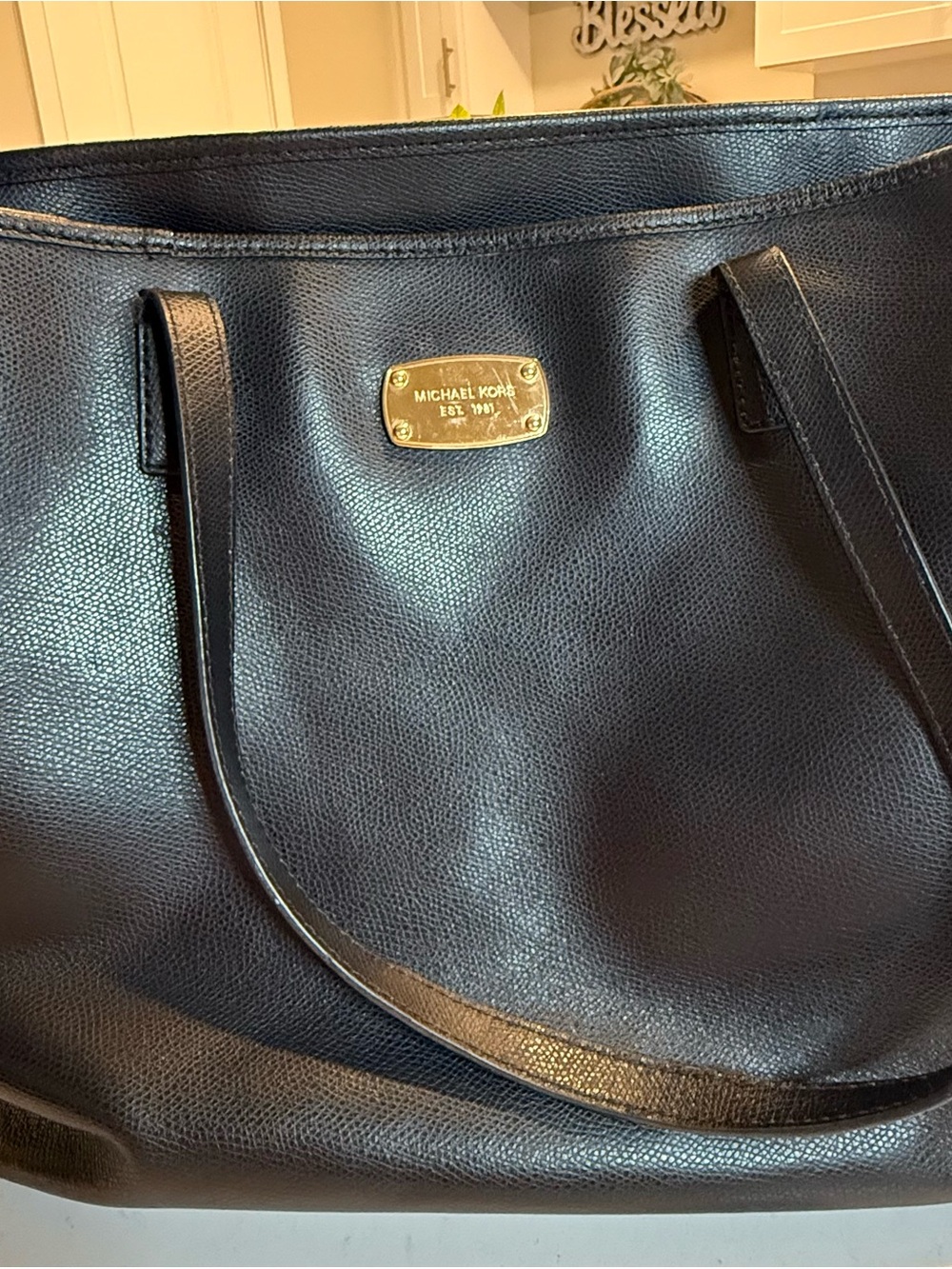 Michael Kors Black Pebbled Leather Tote with Gold Plaque